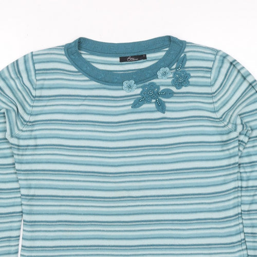 BM Collection Women's Blue S Striped Floral Beaded Round Neck Jumper