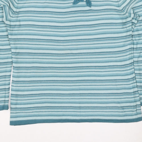 BM Collection Women's Blue S Striped Floral Beaded Round Neck Jumper