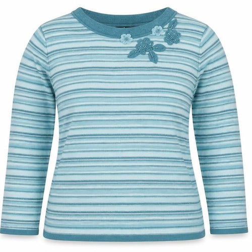BM Collection Women's Blue S Striped Floral Beaded Round Neck Jumper
