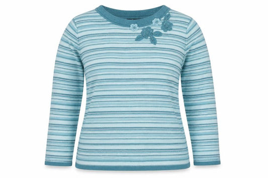 BM Collection Women's Blue S Striped Floral Beaded Round Neck Jumper