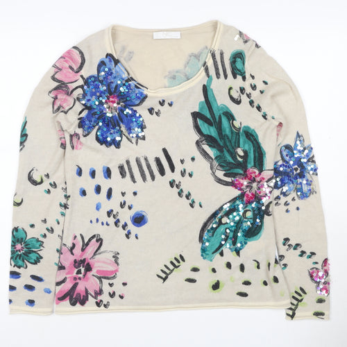 Nice Connection Women Beige UK 10 Floral Sequin Cashmere Wool Jumper