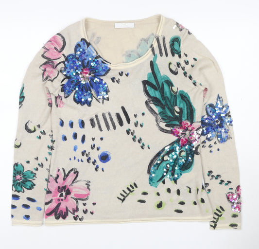 Nice Connection Women Beige UK 10 Floral Sequin Cashmere Wool Jumper