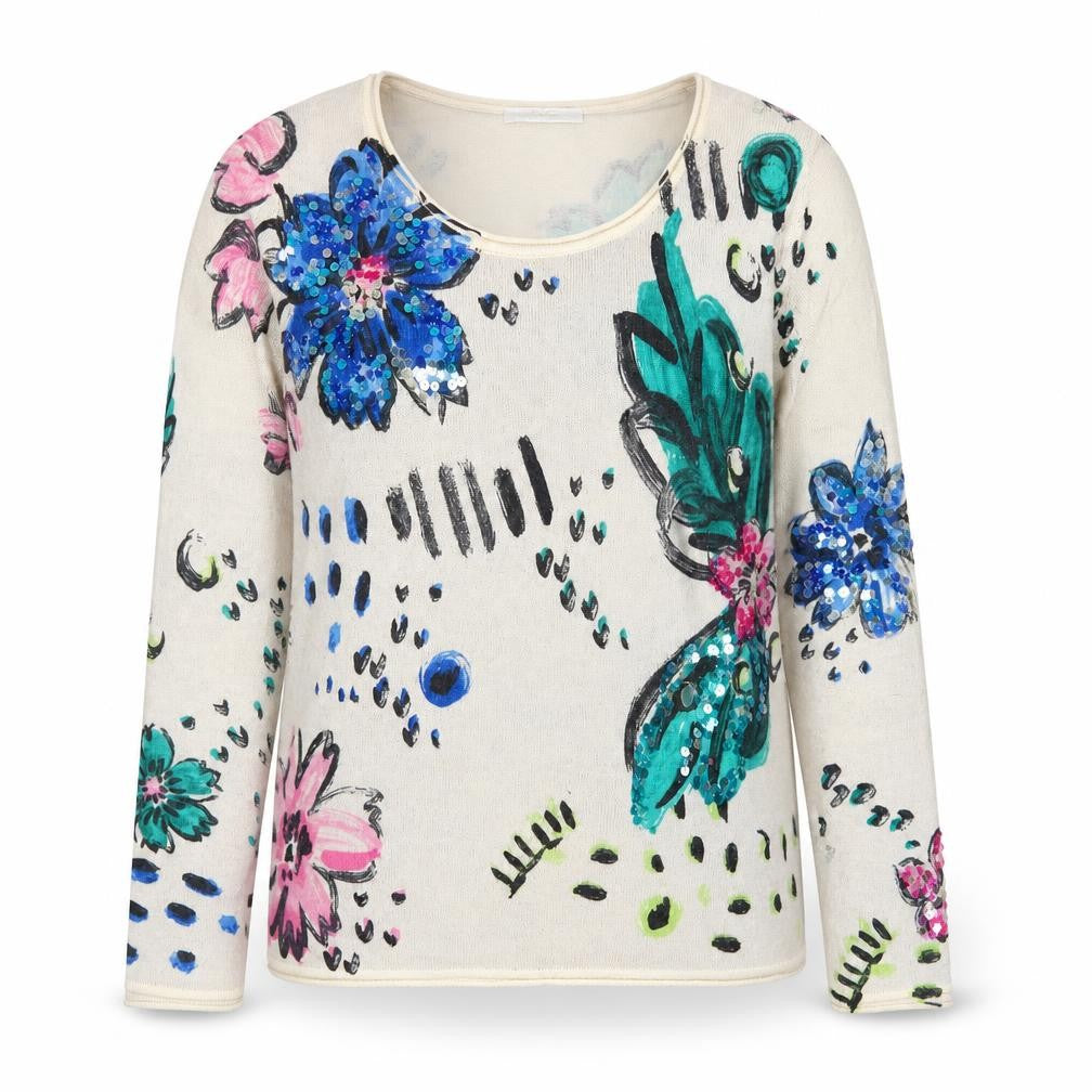 Nice Connection Women Beige UK 10 Floral Sequin Cashmere Wool Jumper