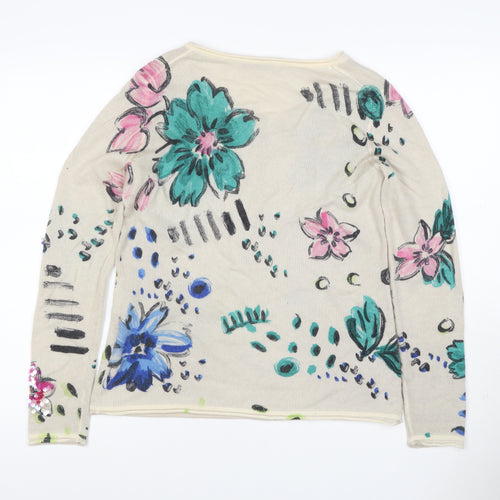 Nice Connection Women Beige UK 10 Floral Sequin Cashmere Wool Jumper
