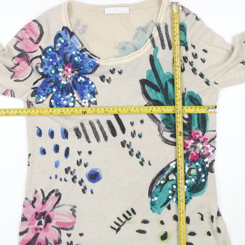 Nice Connection Women Beige UK 10 Floral Sequin Cashmere Wool Jumper