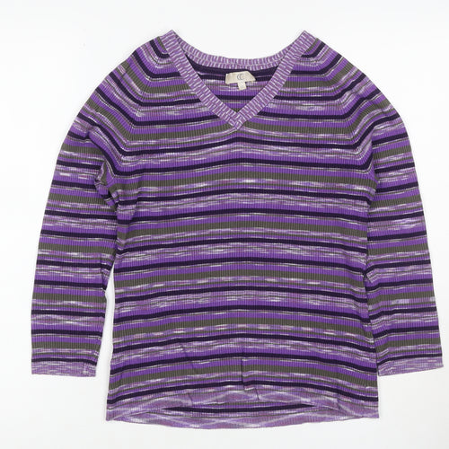 CC Women's Purple Striped V-Neck Rib Knit Pullover Jumper M