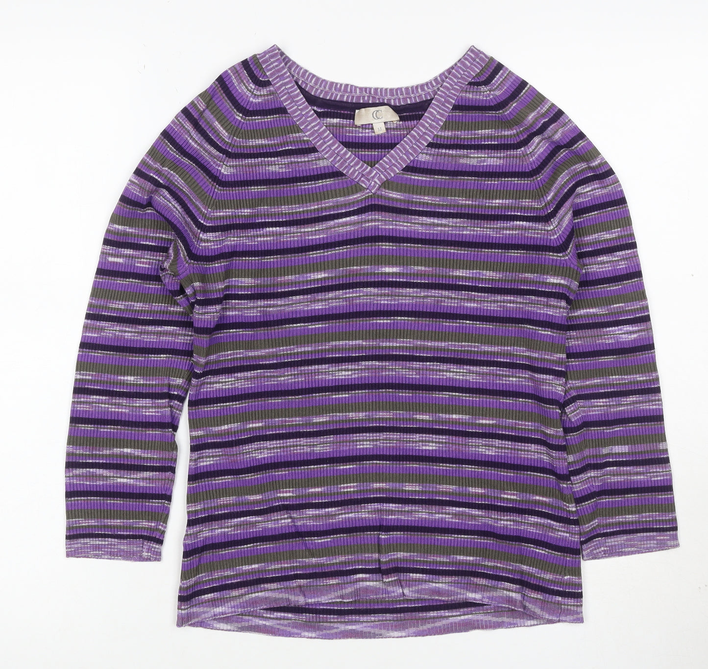 CC Women's Purple Striped V-Neck Rib Knit Pullover Jumper M