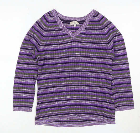 CC Women's Purple Striped V-Neck Rib Knit Pullover Jumper M
