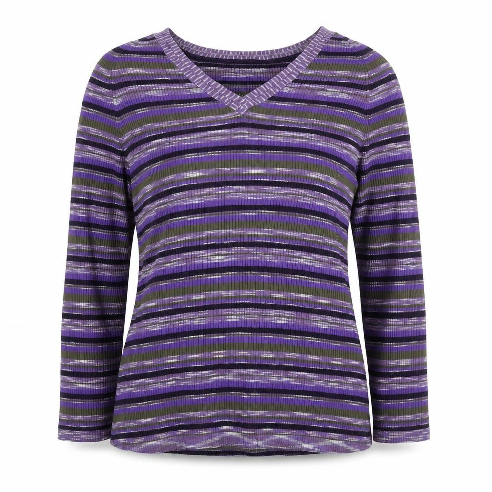 Front view of Country Casuals Women's Purple Striped V-Neck Rib Knit jumper M