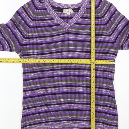 CC Women's Purple Striped V-Neck Rib Knit Pullover Jumper M