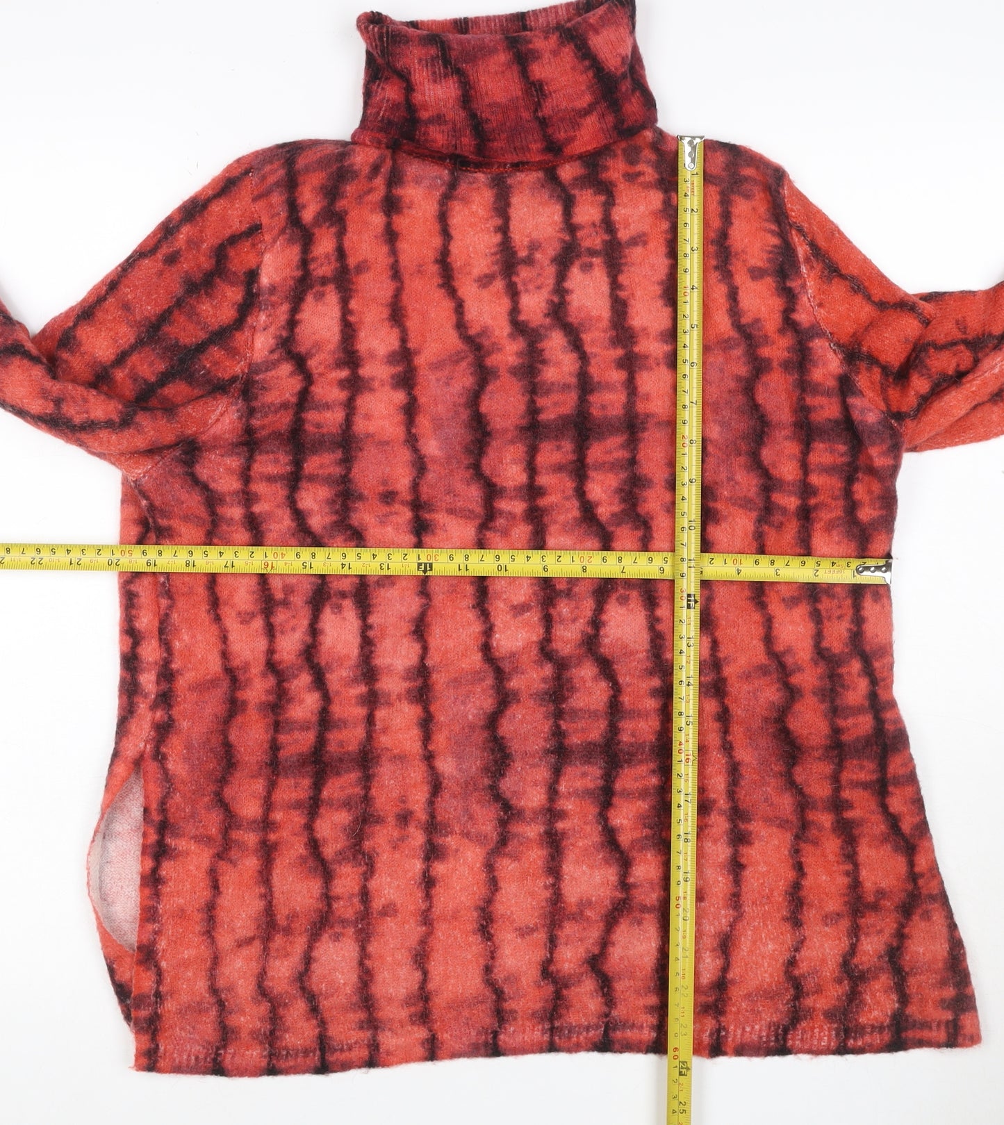 Zara Women Red Black Striped Wool Blend Roll Neck Jumper Size S