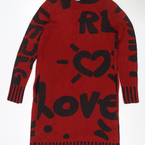 Desigual Women Red Black Geometric Knit V-Neck Jumper Size S