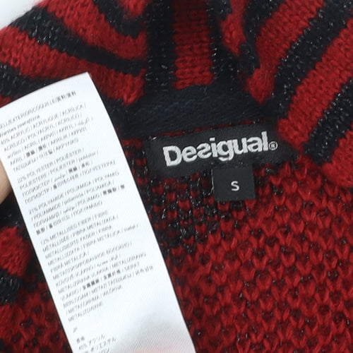 Desigual Women Red Black Geometric Knit V-Neck Jumper Size S