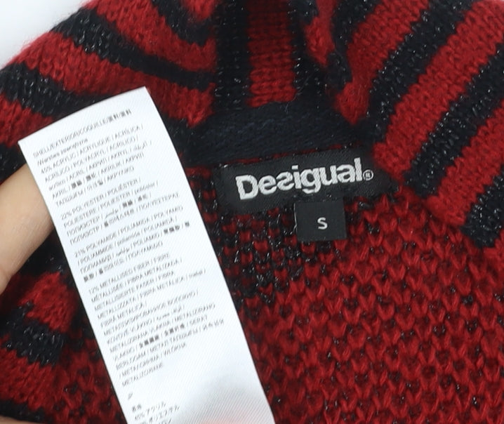 Desigual Women Red Black Geometric Knit V-Neck Jumper Size S