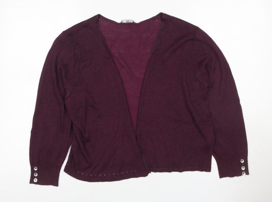 Front view of BHS Women Burgundy, size 16, Open V-Neck Knit Cardigan Button Cuffs
