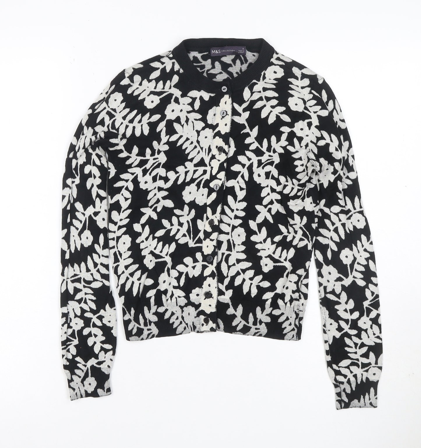 Marks and Spencer Women Black Floral Knit Cardigan UK 8 Long Sleeve