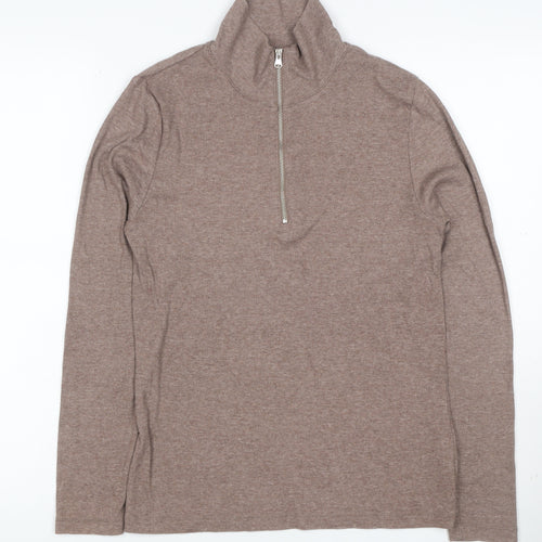 M&S Women Brown UK 8 Ribbed Half Zip High Neck Long Sleeve Top