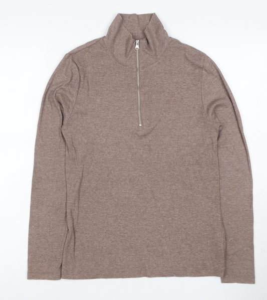 M&S Women Brown UK 8 Ribbed Half Zip High Neck Long Sleeve Top