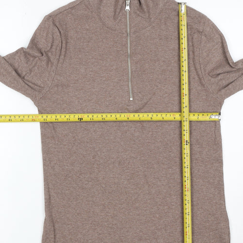 M&S Women Brown UK 8 Ribbed Half Zip High Neck Long Sleeve Top