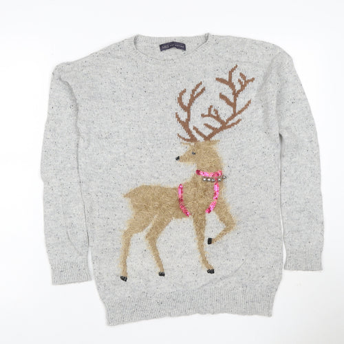 Marks and Spencer Women Grey UK 8 Reindeer Christmas Sequin Jumper
