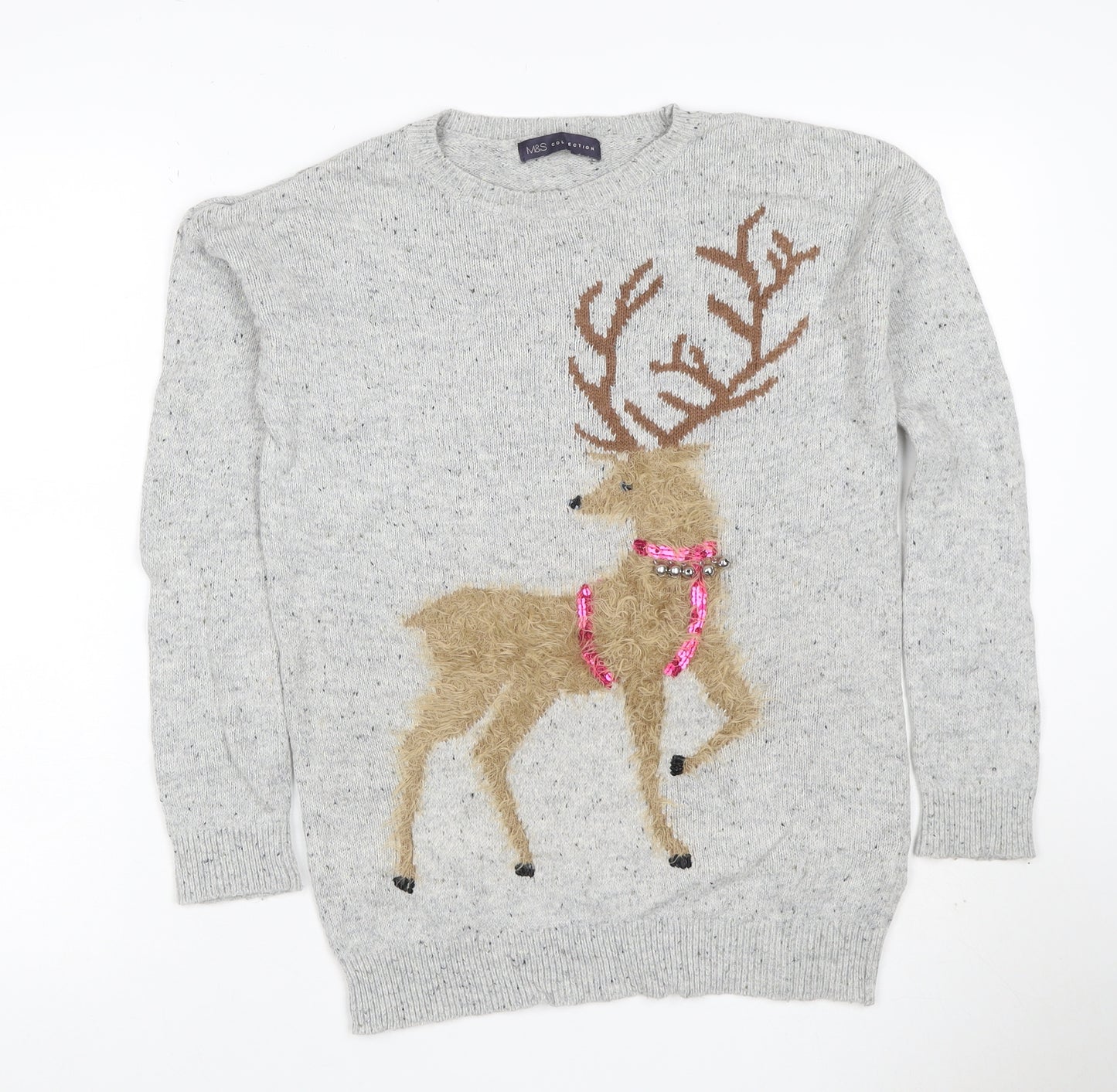 Marks and Spencer Women Grey UK 8 Reindeer Christmas Sequin Jumper