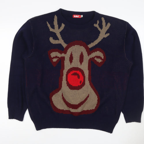 Kiki Men’s Blue XL Christmas Reindeer Crew Neck Acrylic Knit Jumper