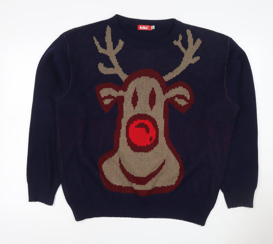 Kiki Men’s Blue XL Christmas Reindeer Crew Neck Acrylic Knit Jumper