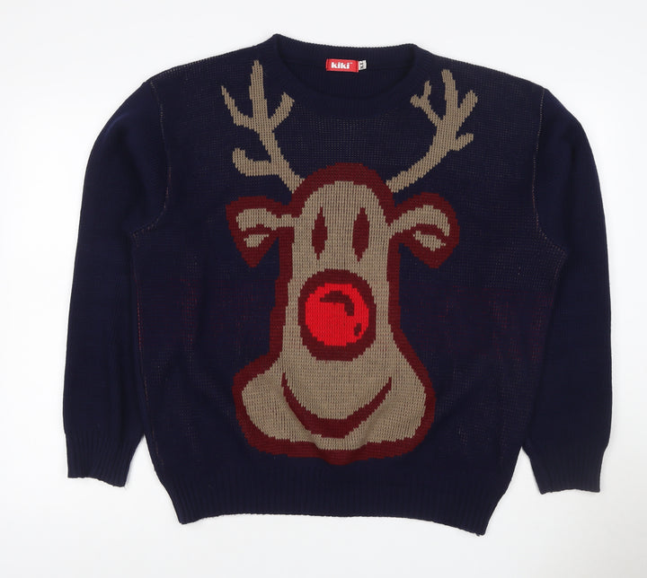 Kiki Men’s Blue XL Christmas Reindeer Crew Neck Acrylic Knit Jumper