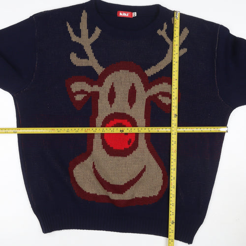 Kiki Men’s Blue XL Christmas Reindeer Crew Neck Acrylic Knit Jumper