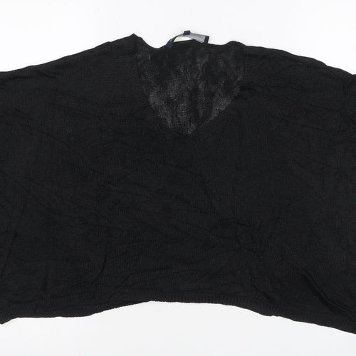 French Connection Women Black M V-Neck Open Knit Dolman Jumper