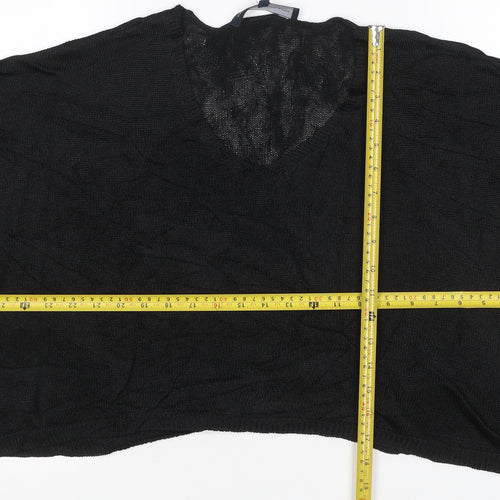 French Connection Women Black M V-Neck Open Knit Dolman Jumper