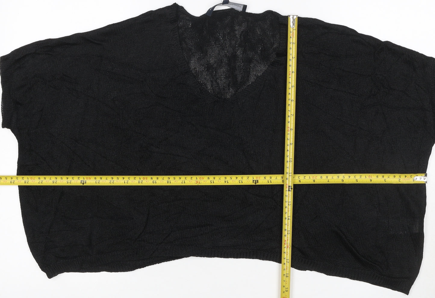 French Connection Women Black M V-Neck Open Knit Dolman Jumper