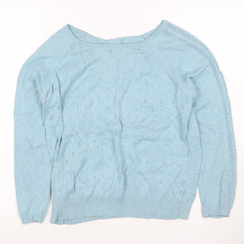 Marks & Spencer Women Blue UK 14 Cotton Pointelle Crew Neck Pullover Jumper