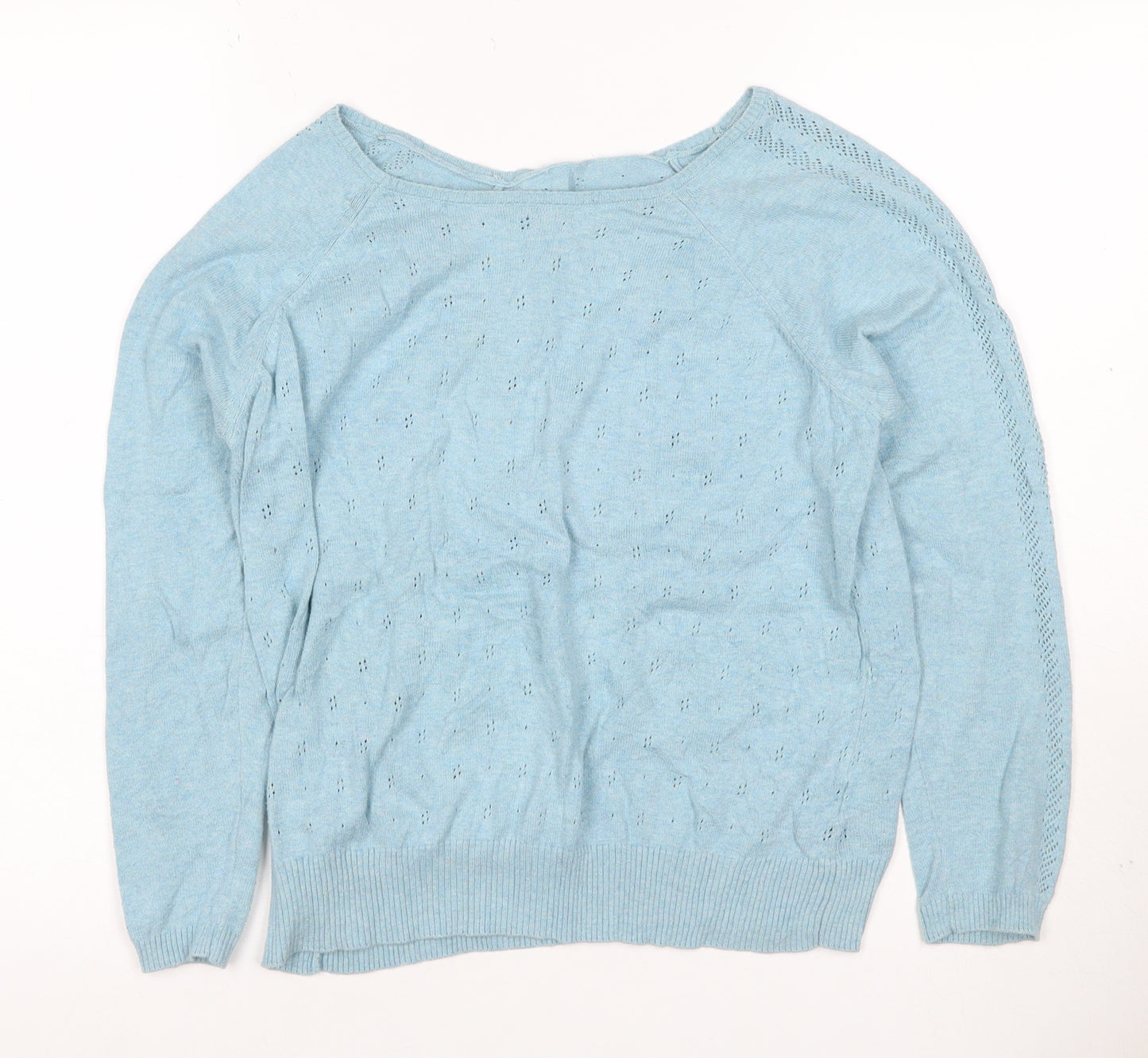 Marks & Spencer Women Blue UK 14 Cotton Pointelle Crew Neck Pullover Jumper