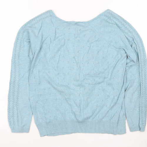 Marks & Spencer Women Blue UK 14 Cotton Pointelle Crew Neck Pullover Jumper