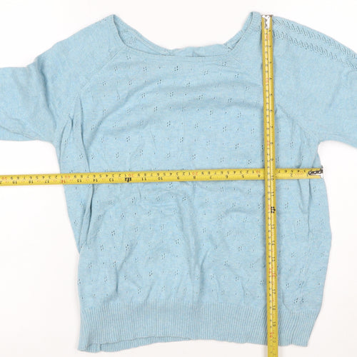 Marks & Spencer Women Blue UK 14 Cotton Pointelle Crew Neck Pullover Jumper