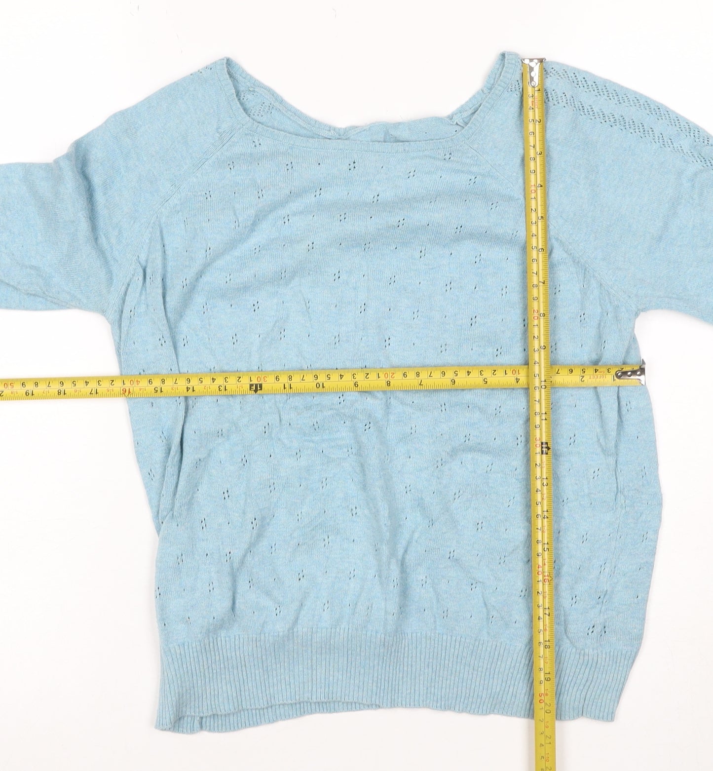 Marks & Spencer Women Blue UK 14 Cotton Pointelle Crew Neck Pullover Jumper