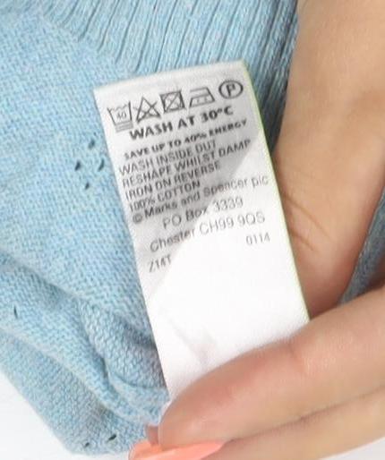 Marks & Spencer Women Blue UK 14 Cotton Pointelle Crew Neck Pullover Jumper