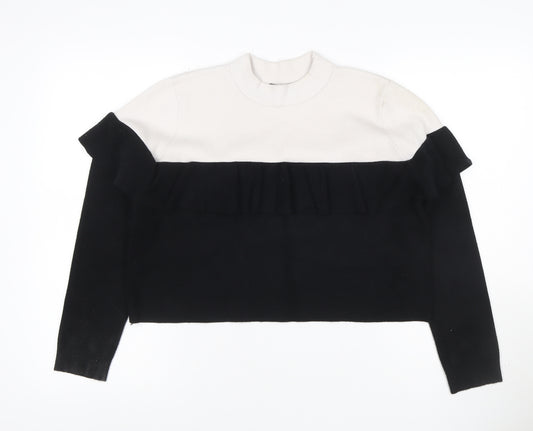 Zara Women’s Black & Ivory S Ruffle Mock Neck Colour Block Knit Jumper