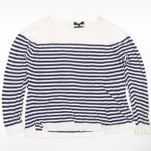 Autograph Women’s Navy Ivory Striped Pure Linen Knit Top UK 16