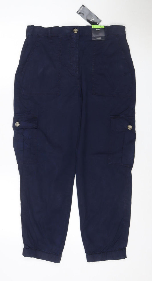 M&S Women Blue Size 12 Regular Tencel Rich Cargo Trousers Cuffed
