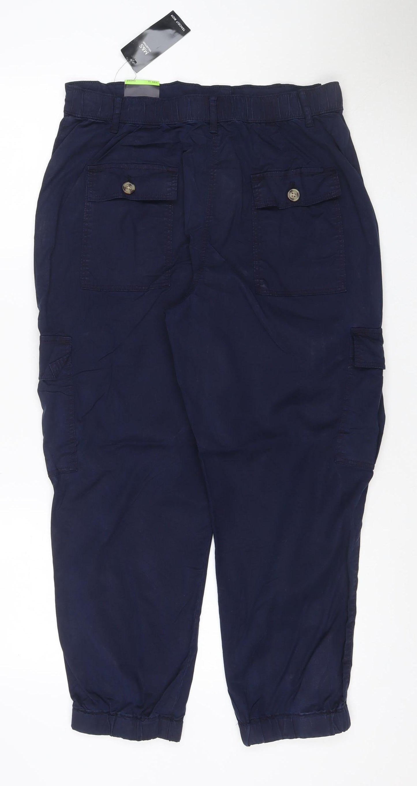 M&S Women Blue Size 12 Regular Tencel Rich Cargo Trousers Cuffed