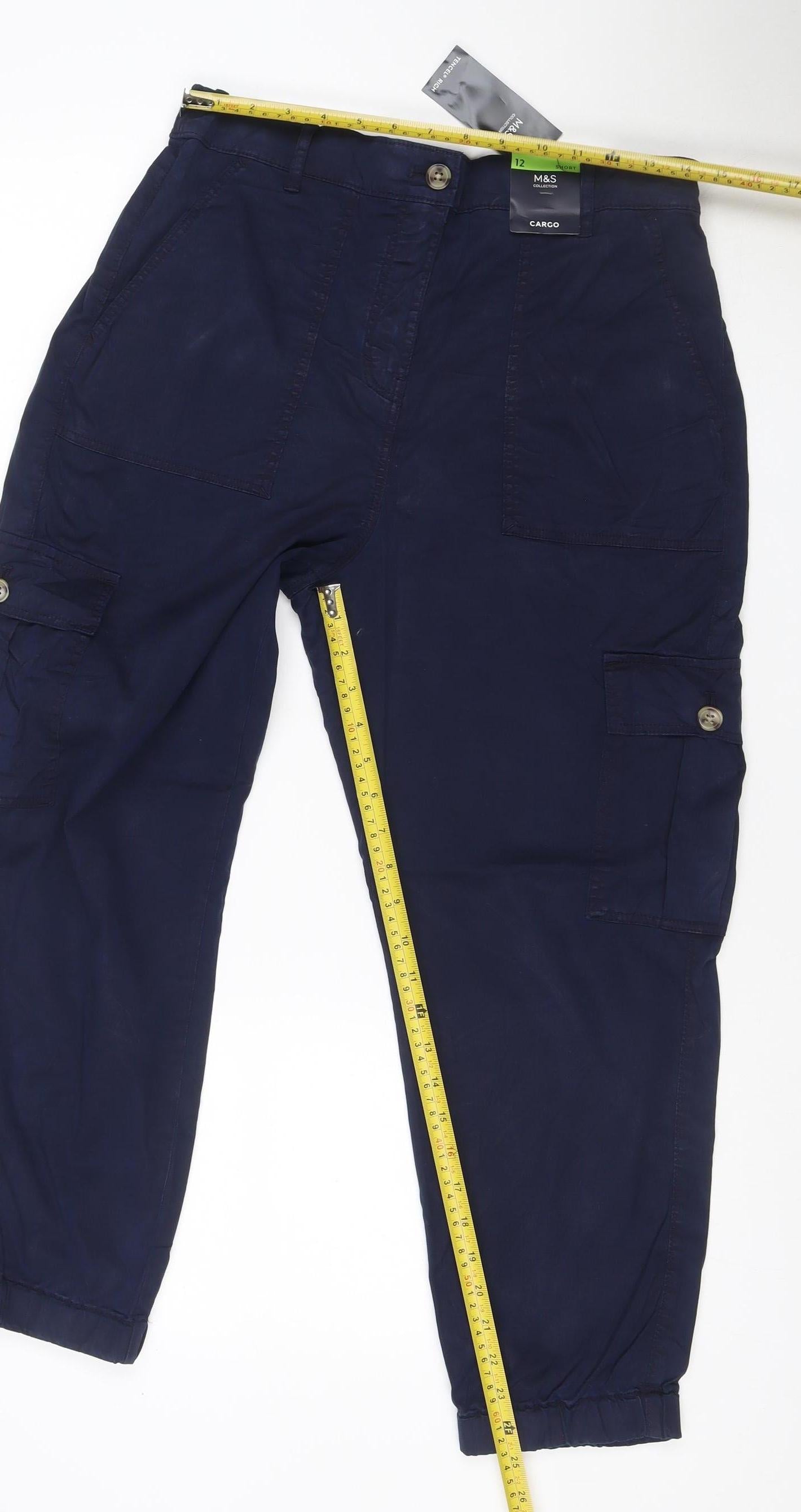 M&S Women Blue Size 12 Regular Tencel Rich Cargo Trousers Cuffed