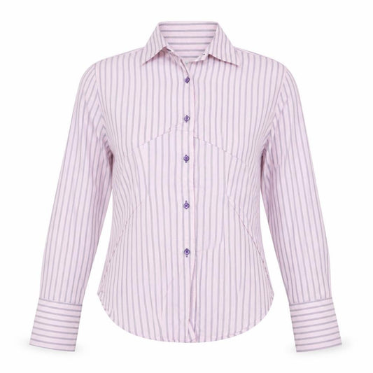 Front view of Coton Doux Women Pink Purple Striped Cotton Button-Up Shirt UK 12