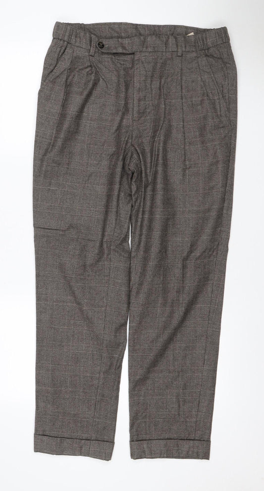 Massimo Dutti Men Grey Check Wool Tapered Dress Trousers W32