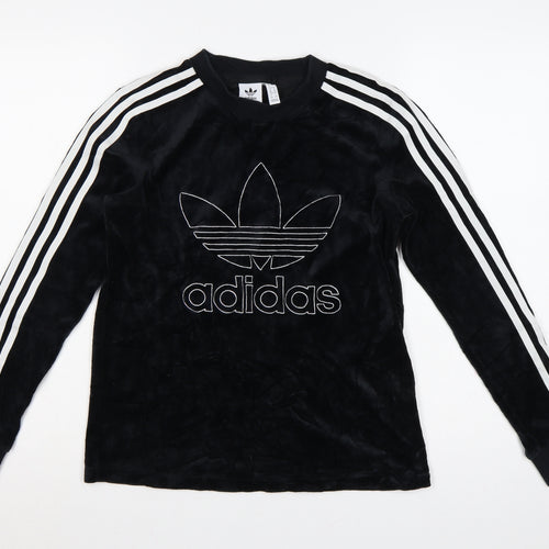 Adidas Women Black UK 8 Velour Trefoil Logo 3 Stripe Pullover Sweatshirt