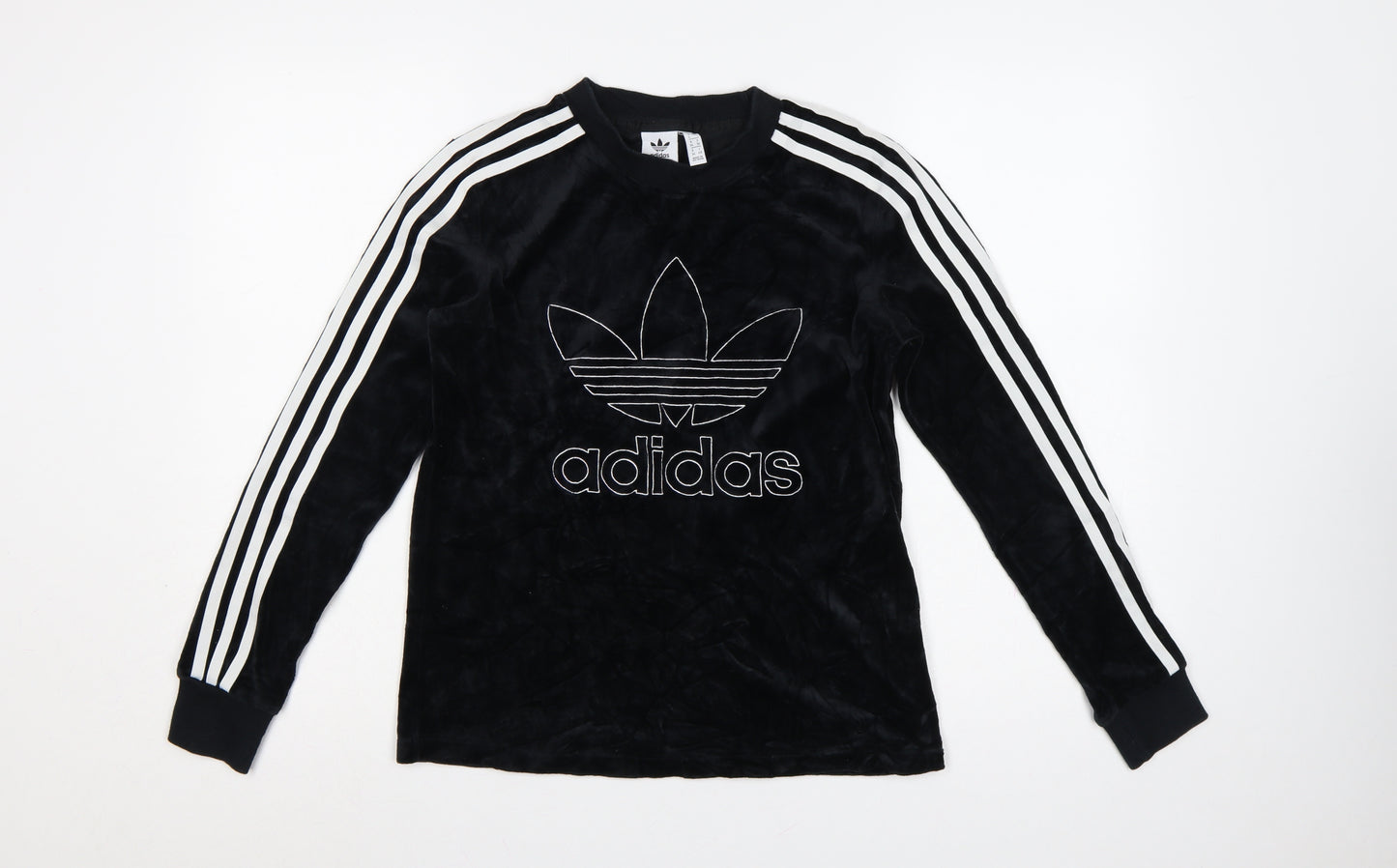 Adidas Women Black UK 8 Velour Trefoil Logo 3 Stripe Pullover Sweatshirt