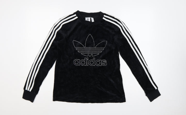 Adidas Women Black UK 8 Velour Trefoil Logo 3 Stripe Pullover Sweatshirt