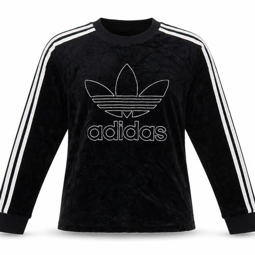 Adidas Women Black UK 8 Velour Trefoil Logo 3 Stripe Pullover Sweatshirt