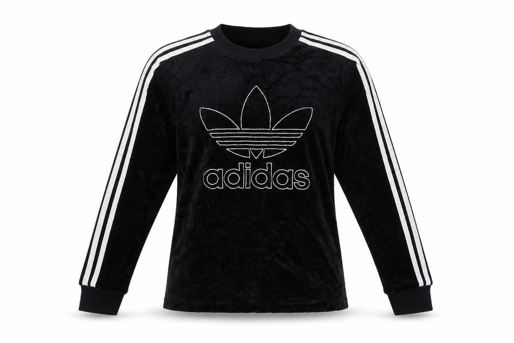 Adidas Women Black UK 8 Velour Trefoil Logo 3 Stripe Pullover Sweatshirt
